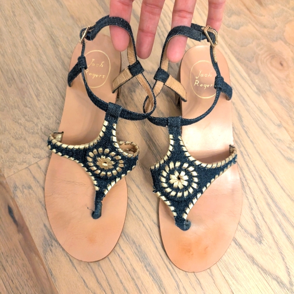 Jack Rogers Elise Denim Gold Embroidered Block Heel Sandals Size 9